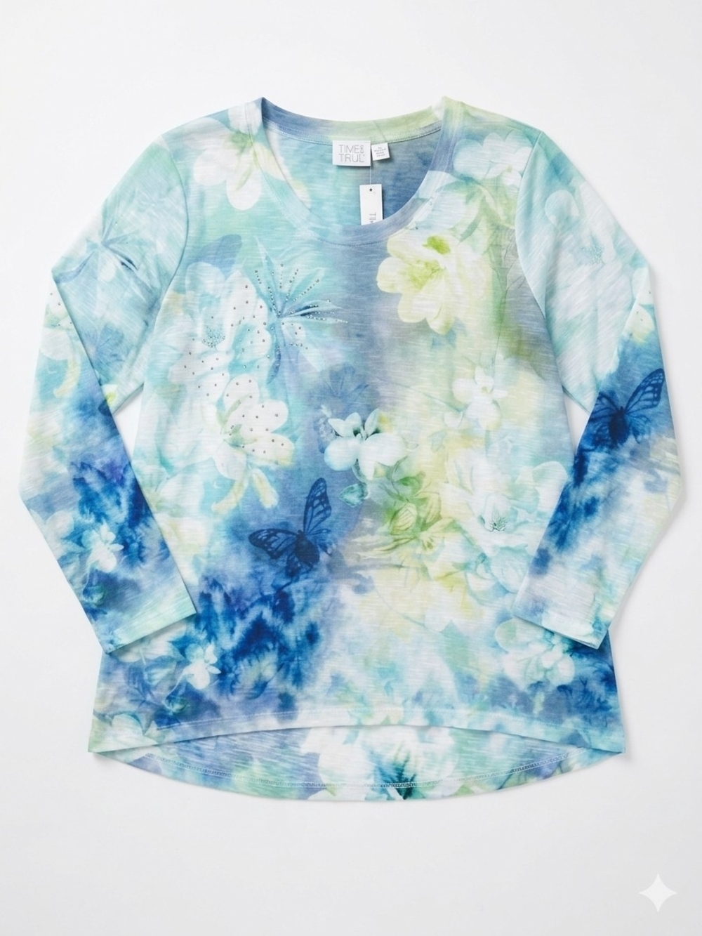 Time and Tru Blue Floral & Butterfly Long Sleeve Top
